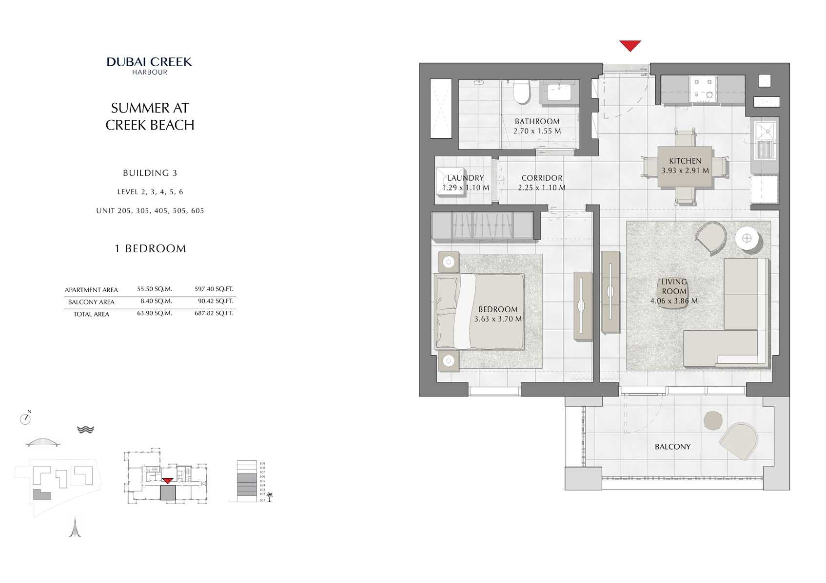 1 Br Building 3 Level-2-3-4-5-6 Unit-205-305-405-505-605, Size 687 Sq Ft